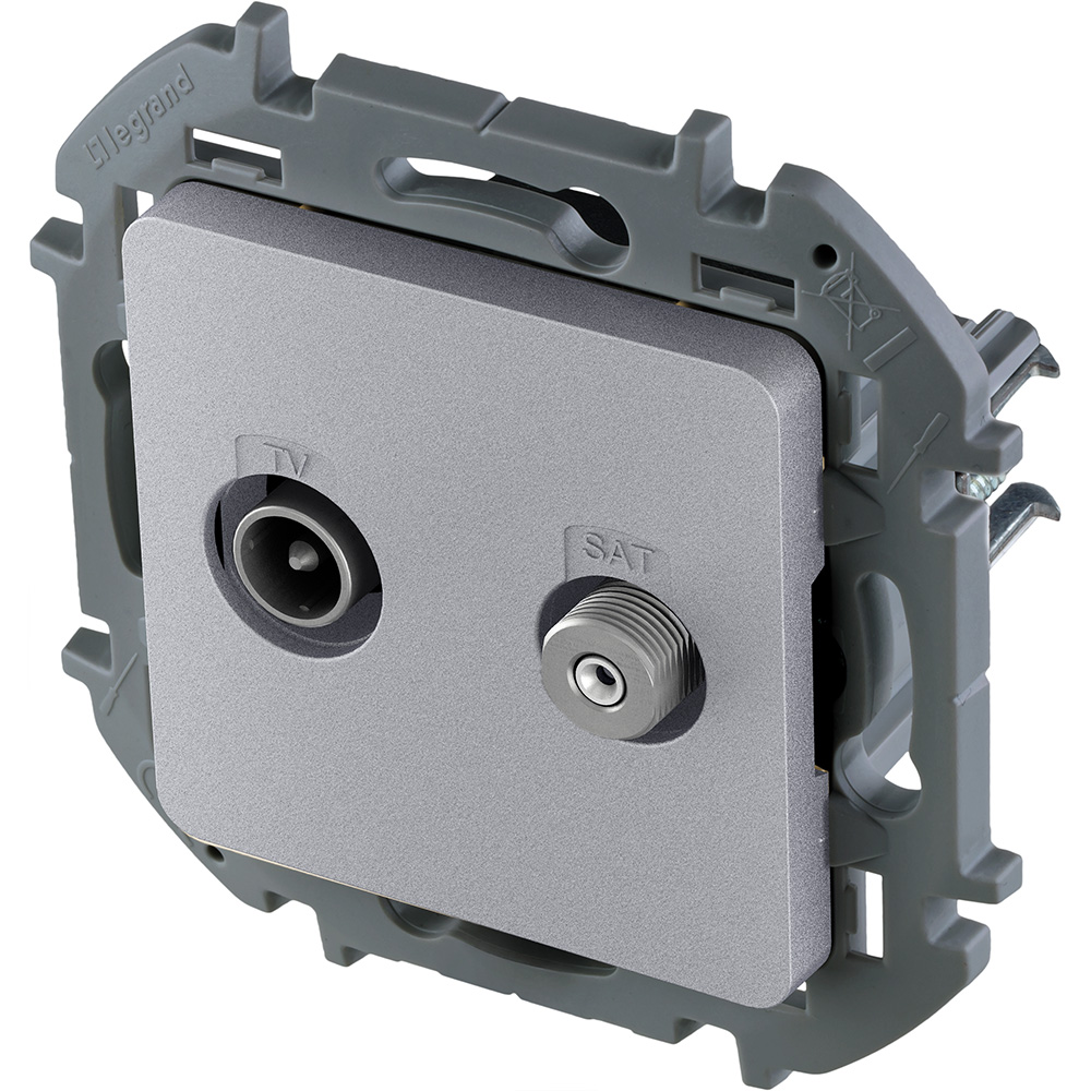 Розетка телевизионная-спутниковая Legrand Inspiria для скрытого монтажа, для схемы "звезда", 1.5 дБ 4-2400 МГц / 2 дБ 4-2400 МГц, поддержка обратного питания для активных антенн до 500мА, цвет "Алюминий"