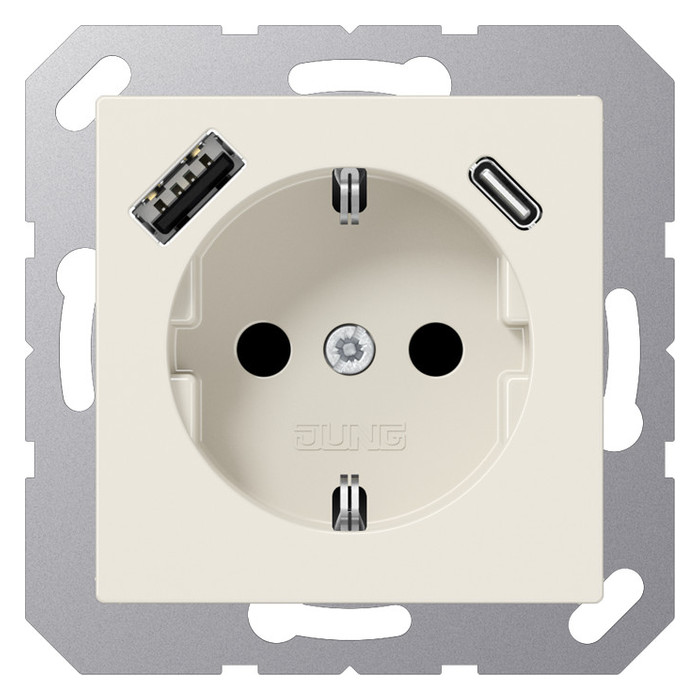 Розетка с USB Jung AS 500, скрытый монтаж, с заземлением, слоновая кость, A1520-15CA