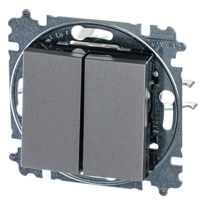 Выключатель двухклавишный ABB LEVIT, сталь // дымчатый черный, 2CHH590545A6069