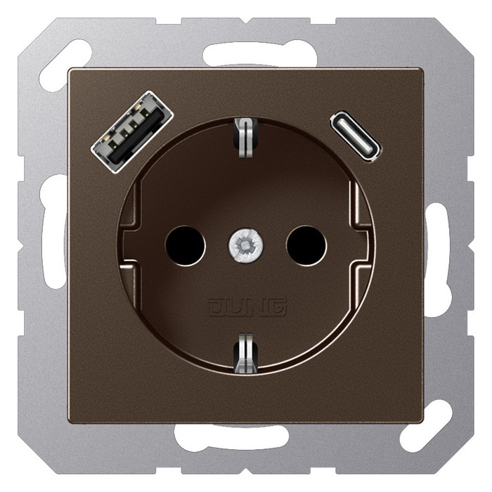 Розетка с USB Jung A 500, скрытый монтаж, с заземлением, мокко, A1520-15CAMO