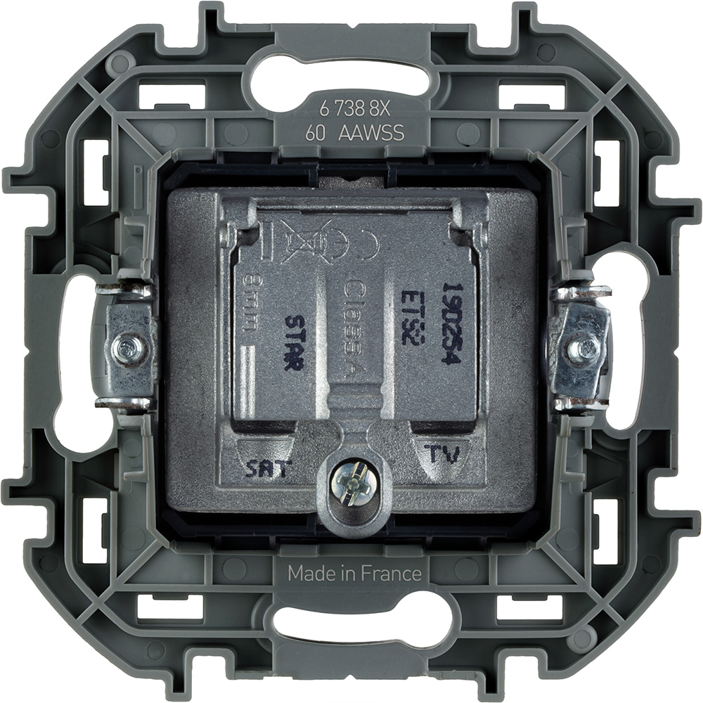 Розетка телевизионная-спутниковая Legrand Inspiria для скрытого монтажа, для схемы "звезда", 1.5 дБ 4-2400 МГц / 2 дБ 4-2400 МГц, поддержка обратного питания для активных антенн до 500мА, цвет "Алюминий"