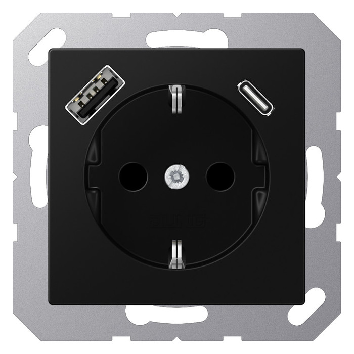 Розетка с USB Jung A 500, скрытый монтаж, с заземлением, черный матовый, A1520-15CASWM