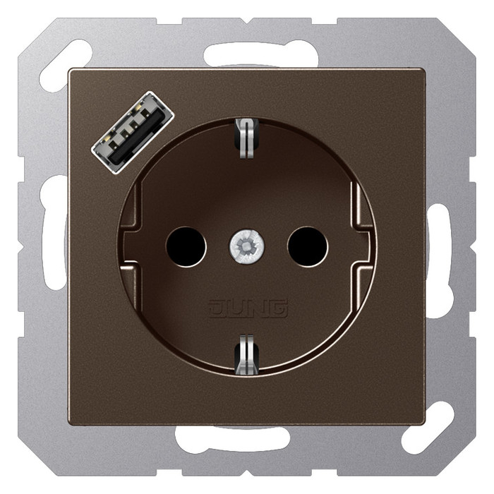 Розетка с USB Jung A 500, скрытый монтаж, с заземлением, мокко, A1520-18AMO