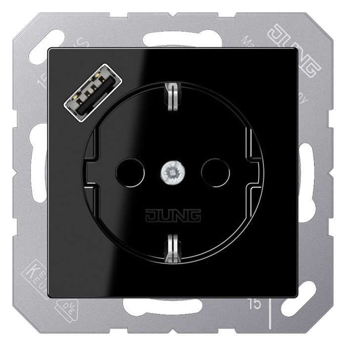 Розетка с USB Jung A 500, скрытый монтаж, с заземлением, черный, A1520-18ASW