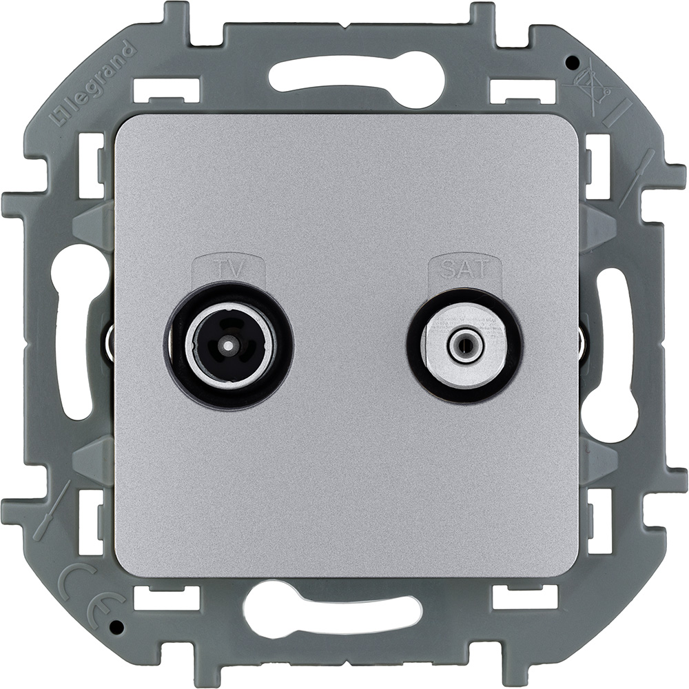 Розетка телевизионная-спутниковая Legrand Inspiria для скрытого монтажа, для схемы "звезда", 1.5 дБ 4-2400 МГц / 2 дБ 4-2400 МГц, поддержка обратного питания для активных антенн до 500мА, цвет "Алюминий"