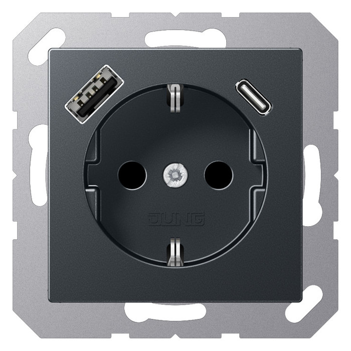 Розетка с USB Jung A 500, скрытый монтаж, с заземлением, антрацит матовый, A1520-15CAANM