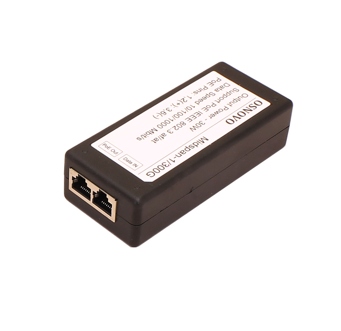 Инжектор PoE 1хRJ45 10/100/1000 Мб/с, 802.3af/at, до 30 Вт, AC 220В, DC 52В