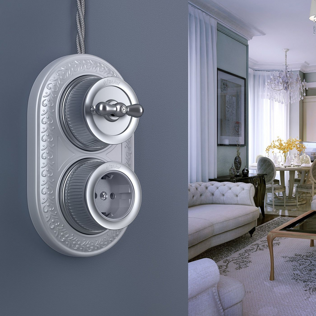 Розетка с заземлением матовый хром ретро WL19-10-01