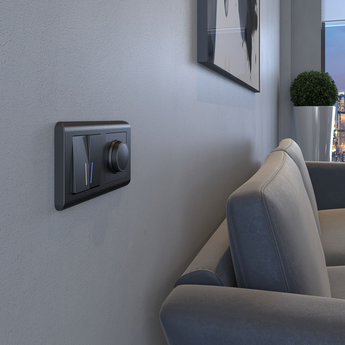 Выключатель двухклавишный с подсветкой графит рифленый W1120104