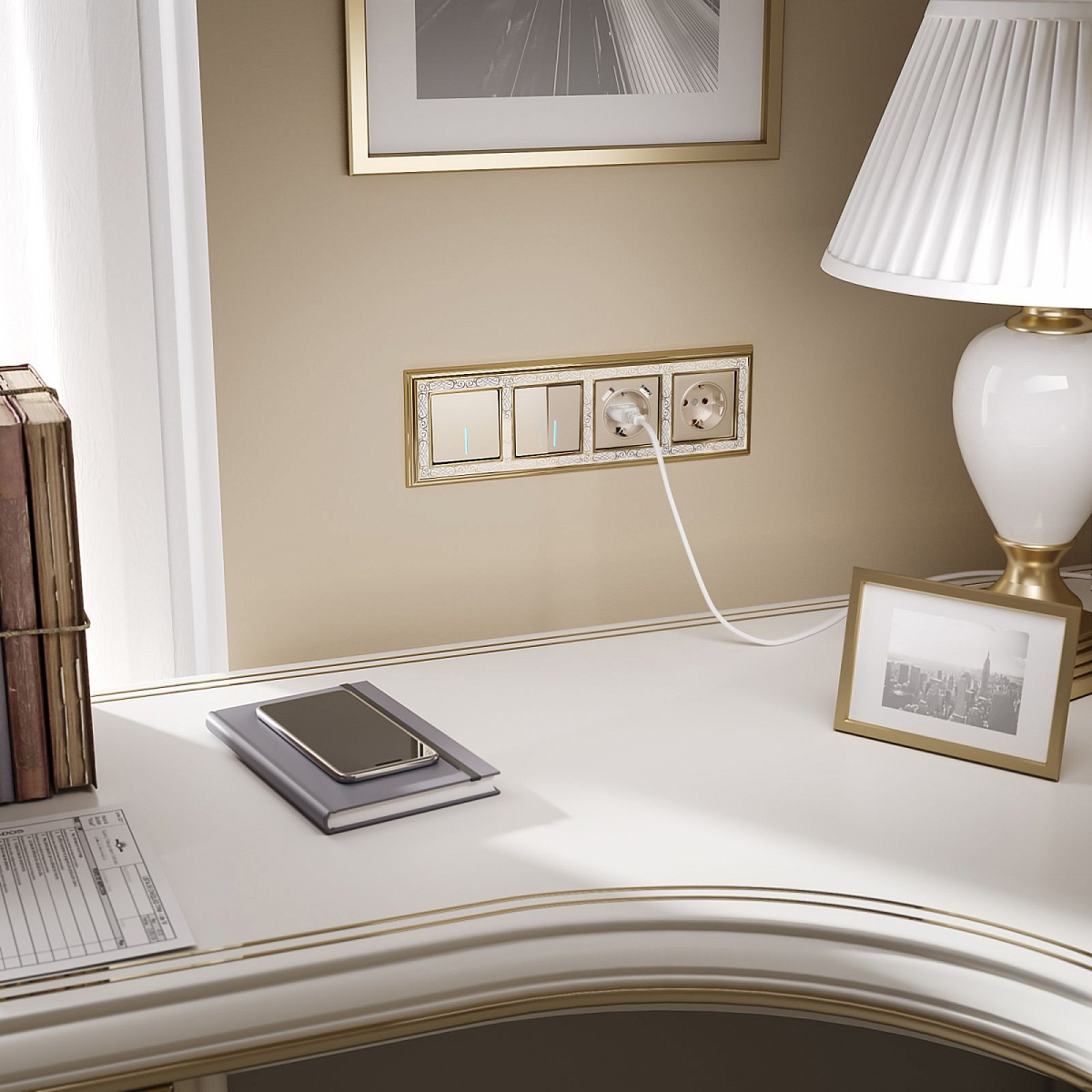 Выключатель двухклавишный с подсветкой шампань W1120111