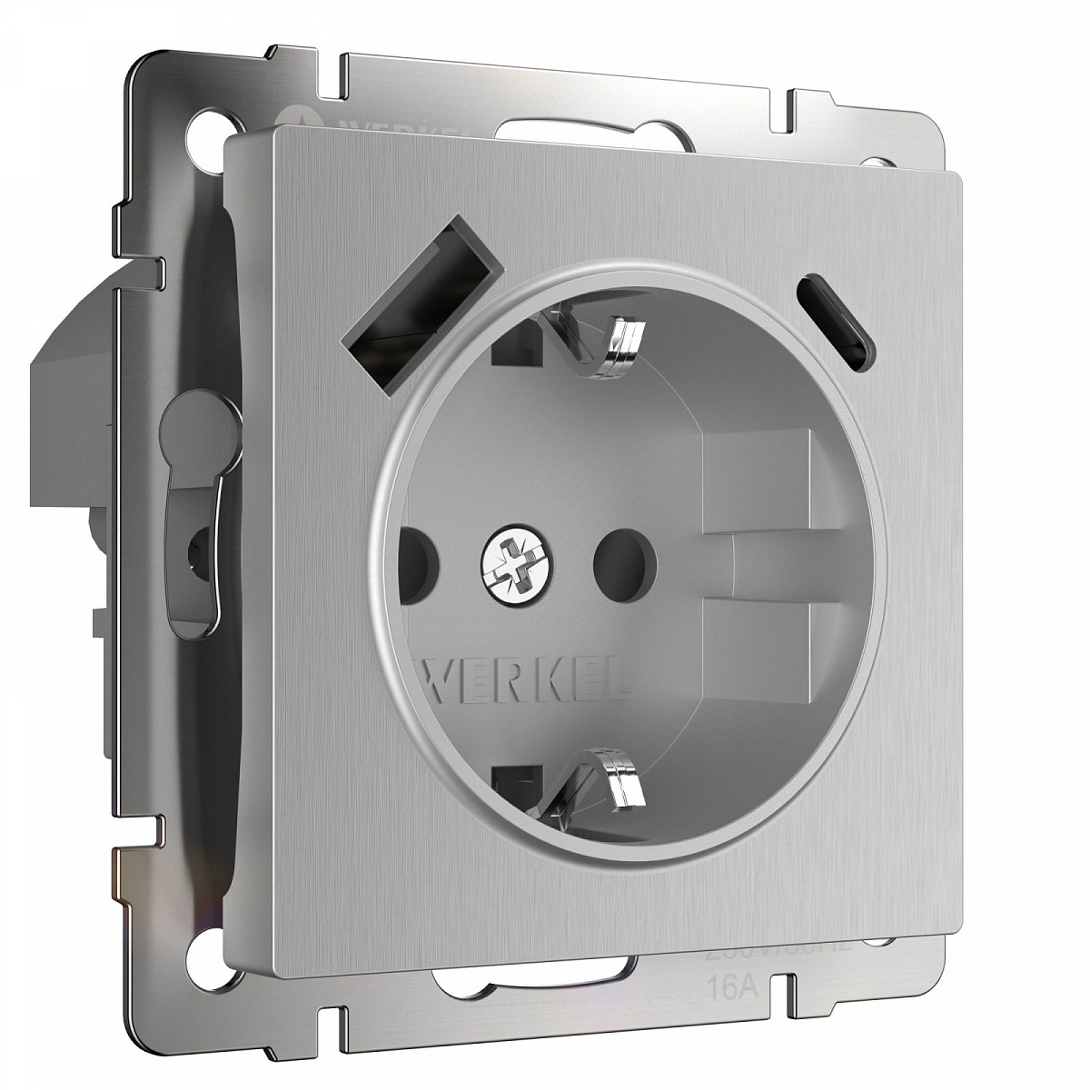 Розетка с заземлением, шторками и USB тип A+C (серебряный рифленый) W1171709