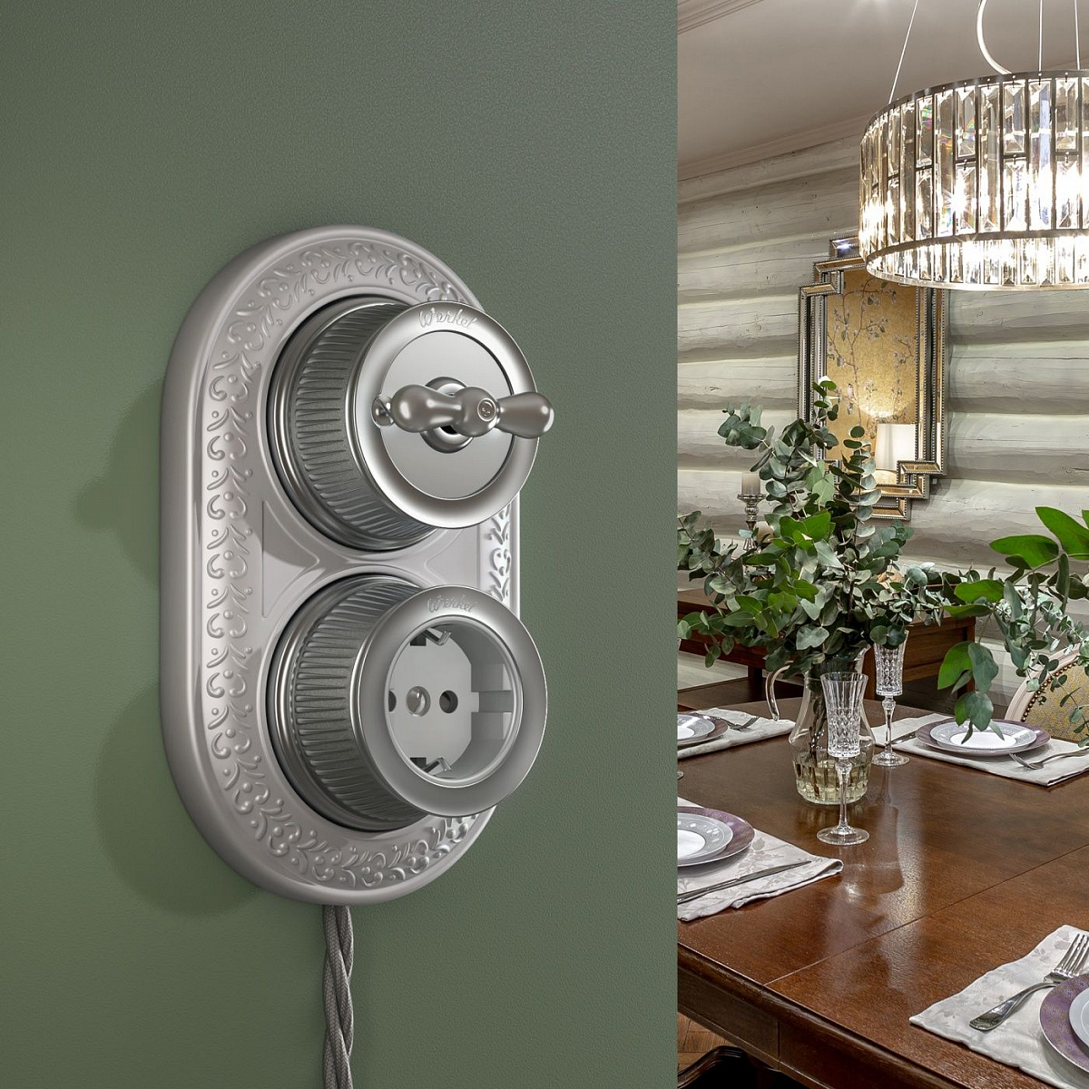 Розетка с заземлением матовый хром ретро WL19-10-01